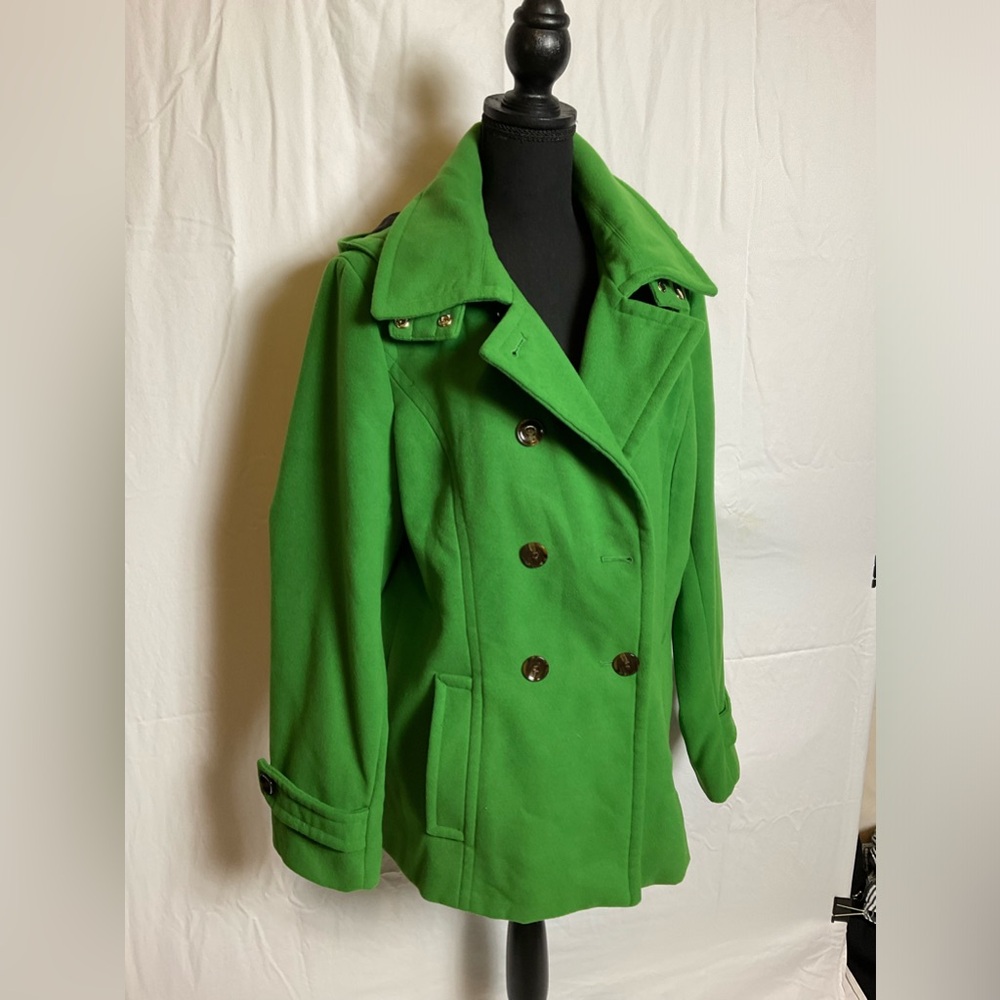 Calvin Klein - Sz 14 - Double Breasted Pea Coat with detachable hood. Green.